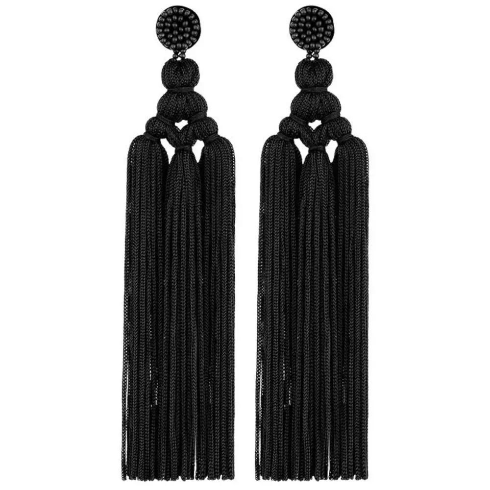 Long Black Hand Woven Tassel Knot Fringe Boho Dangling Drop Post Back Earrings